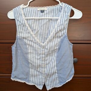 American Eagle Medium Blue and White Striped Lace-Trim Button Front Top